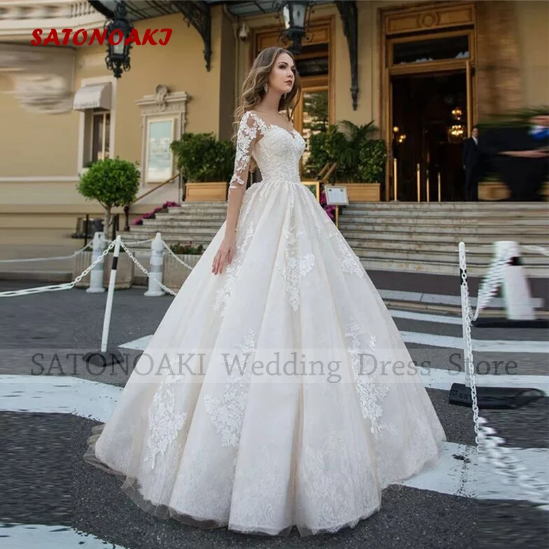 

Elegant Sexy O-Neck Lace Wedding Dresses for Women A-Line Sweep Train Half Sleeve Backless Bridal Gowns Vestido De Novia Custom