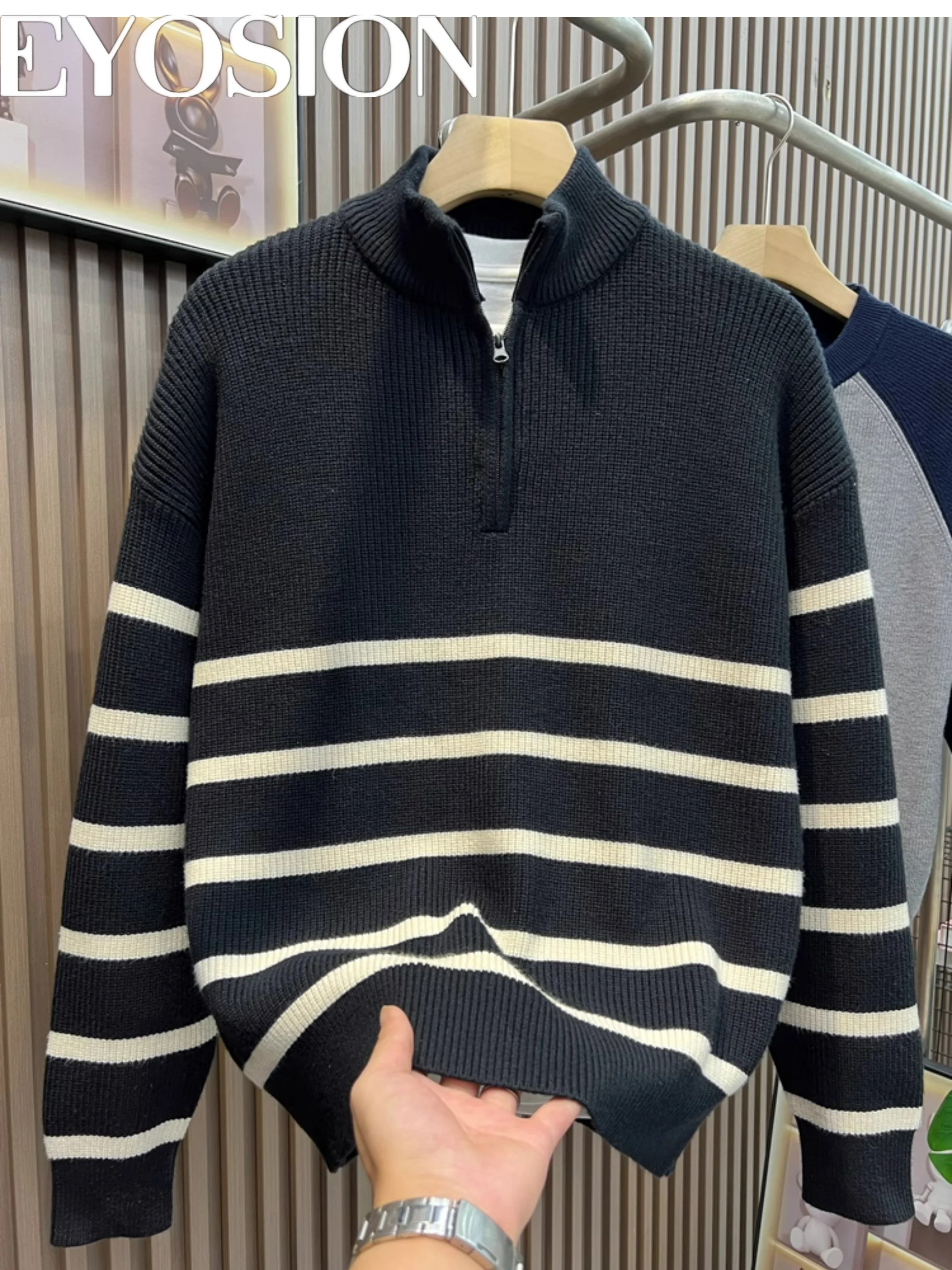 

Men's Autumn/ Winter Half Zipper Collar Knitted Pullover Casual Basic Top High Quality Retro Striped Versatile Knitted Sweater
