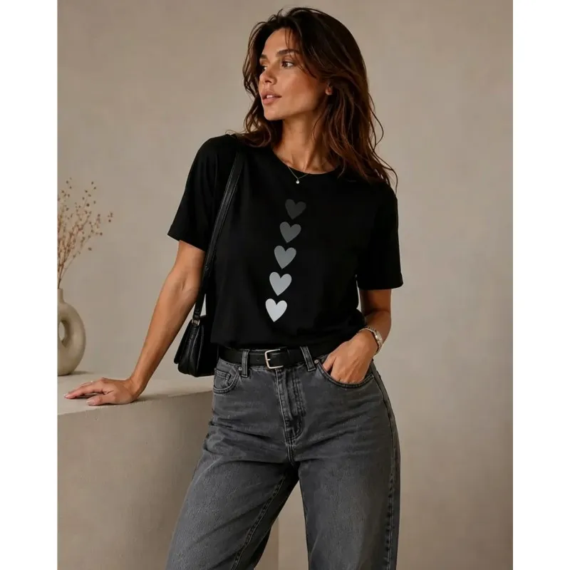 

Women's T-shirts Cotton Summer Print Gradient Love White & Black Short Sleeved Home Office Daily Top For Woman