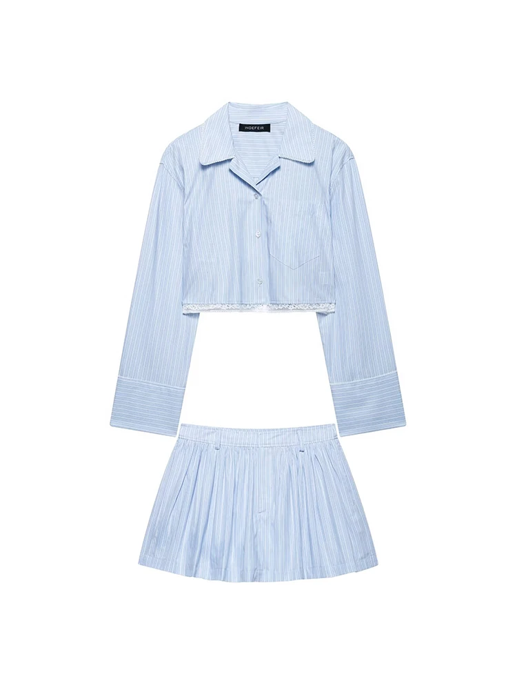 

SIYANG Women Fashion 2 Piece Set Blue Striped Single Breasted Shirt & Vintage Front Zipper Shorts Female Chic Lady Shorts Set