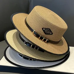 Trendy Luxury Designer Belt Buckle Flat Top Hat Summer Ladies Travel Sunshade Big Brim Straw Hats Retro Women Casual Bucket Cap