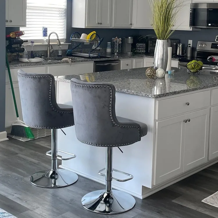 Kitchen High Bar Stool Set of 4 Gray Adjustable Height Counter Bar Chairs Velvet Swivel Barstool