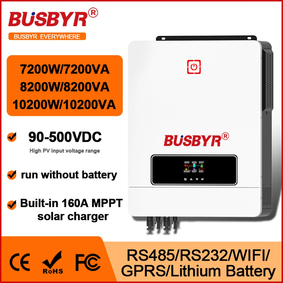 

BUSBYR 10.2KW 8.2KW Hybrid Solar Inverter 48V Pure Sine Wave 230V 10200W On Off Grid Inverter With Dual MPPT 160A Solar Charger