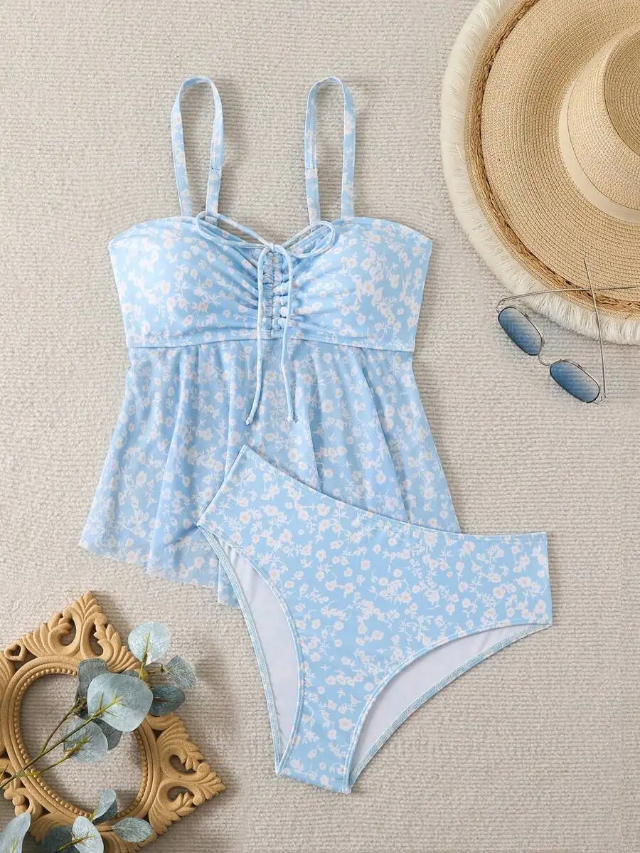 

2pcs Ditsy Floral Tankini Swimwear Set For Women Summer Beach Vacation