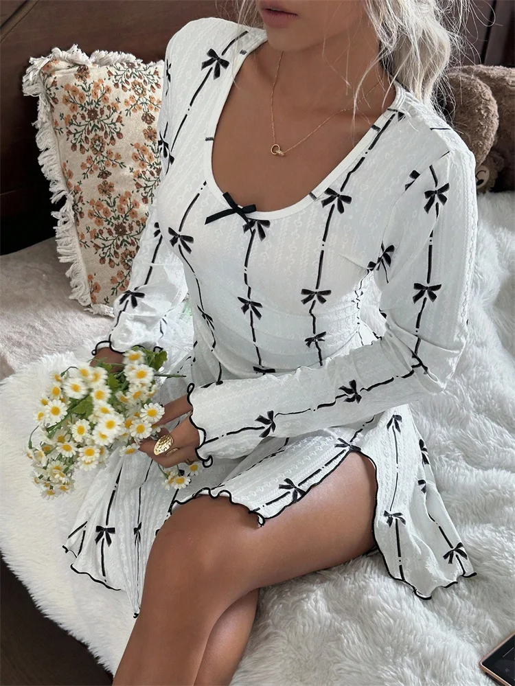 Women Long Sleeve Nightgown Jacquard Knit Bow Print Square Neck Home Dress Side Slit Ruffles Hem Sweet Slim Fit Daily Loungewear