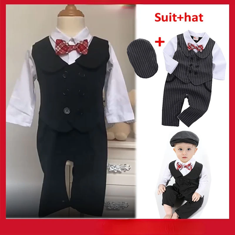 

Newborn Photography Romper Jumpsuit with Hat Cap for Baby Boys Stripe Gentleman Vest Suit Outfit Formal Clothes