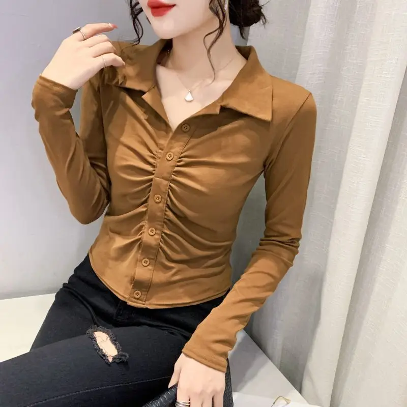 Vintage Casual Sexy Folds Solid Shirt Spring Autumn 2023 Polo-Neck V-Neck Long Sleeve Slim Single Breasted Tops Women\'s Clothing