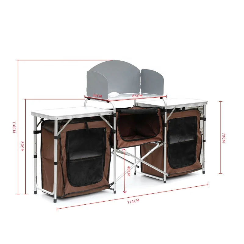 

Outdoor Camping Kitchen 3 Zippered Bags Cook Table Steel Windscreen 2 Side Picnic Aluminum Foldable Portable Tables