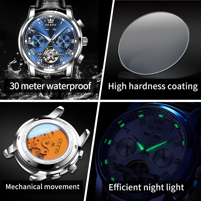 ساعة OLEVS 6607 من أفضل العلامات التجارية الميكانيكية للرجال بحزام جلدي أصلي مقاوم للماء وتقويم مجوف مضيء ساعة أوتوماتيكية للرجال #6