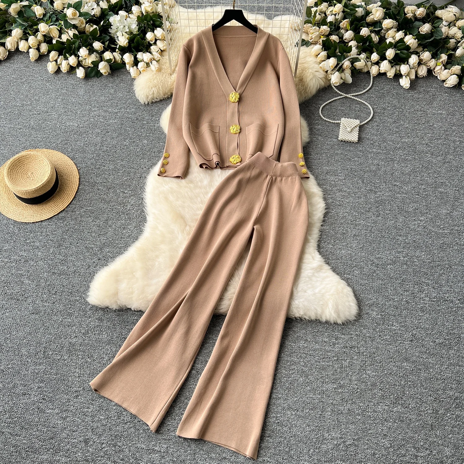 

Clothland Women Knitting Suit V Neck Long Sleeve Cardigan Sweater Wide Leg Long Trousers Pants Thick Winter Two Piece Set TA516