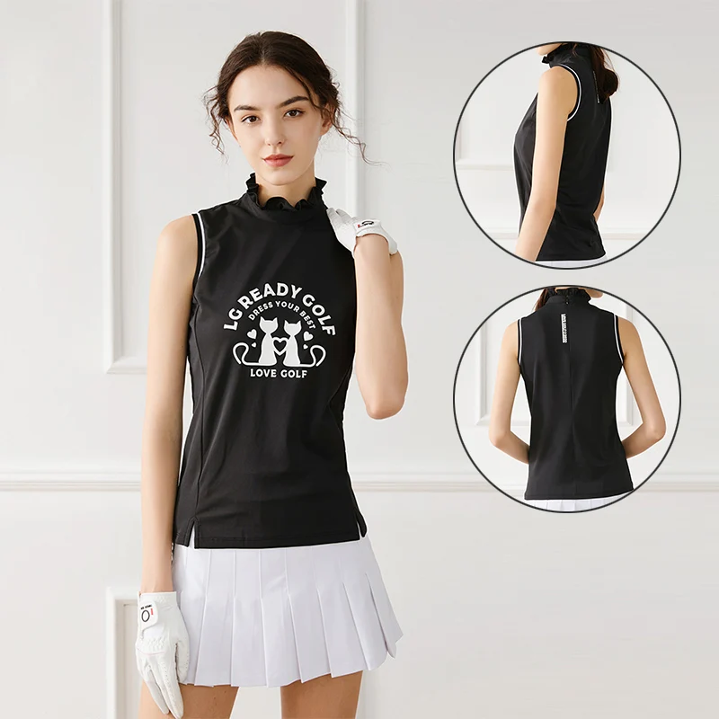 Love Golf Women Sleeveless Golf Tank Tops Ladies High Elastic Ice Silk Tops Summer Ruffle Collar Sport T-shirt Golf Clothing