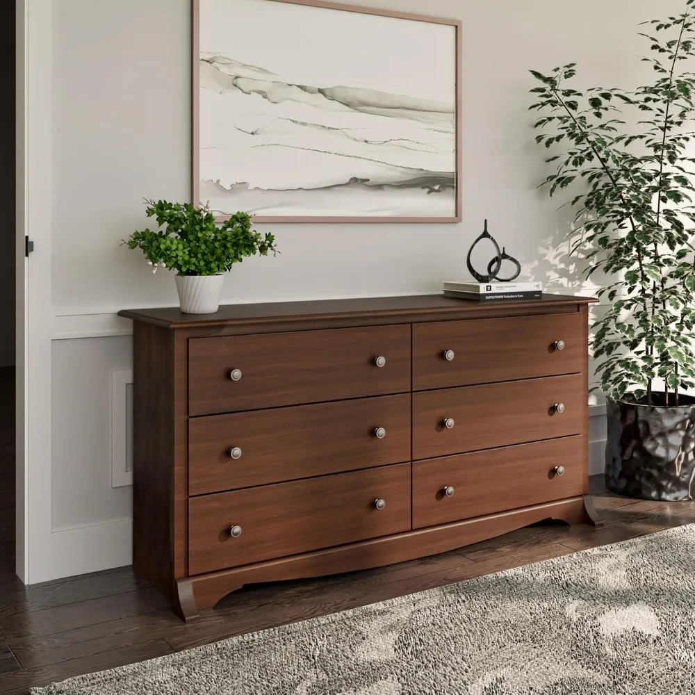 Sonoma Bedroom Furniture: Cherry Double Dresser for Bedroom, 6-Drawer Wide Chest of Drawers, Traditional Bedroom Dresser