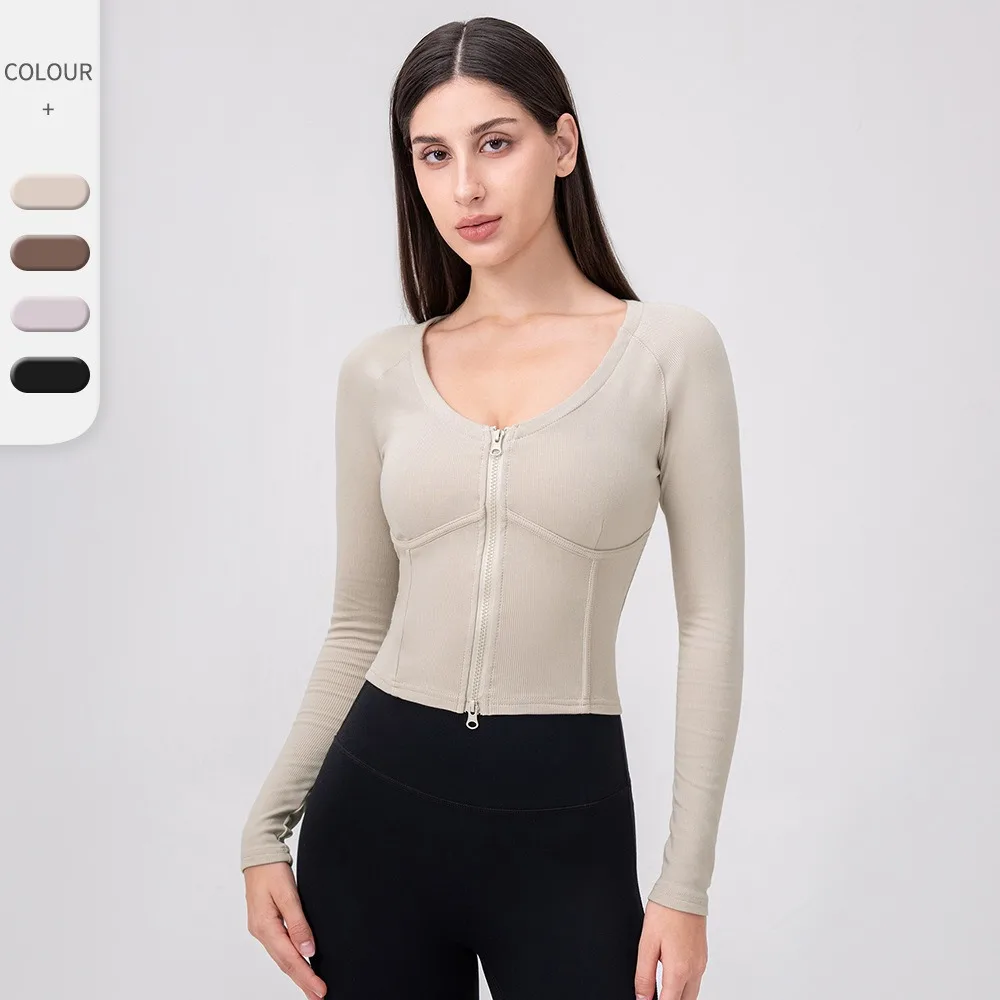 

Women Fall Winter Zip Up Yoga Jacket U Neck Rib Backbone Long Sleeve Top Running Fitness Sports Outerwear