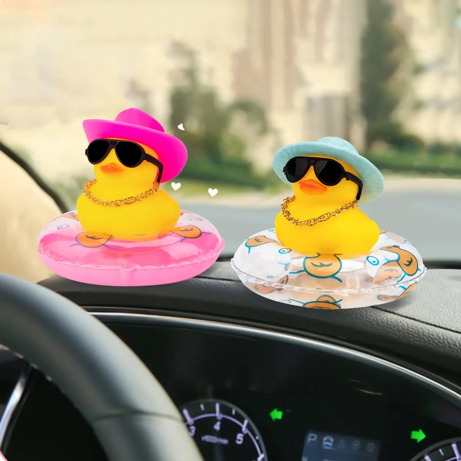 Rubber Car Duck Decoration Dashboard Car Ornament , Accessories with Mini Sun Hat Swim Ring Necklace and Sunglasses