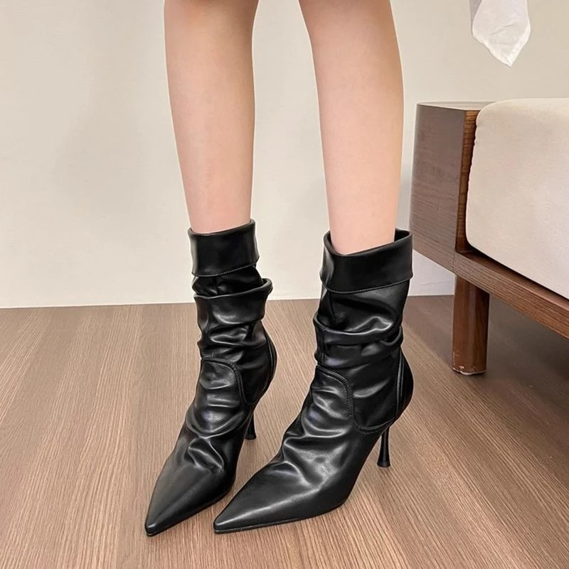 2026 New Women Pointed Toe Thin Heel Short Tube Boots Ruched Stacked Design Elegant Versatile Fashion Autumn Winter Shoes