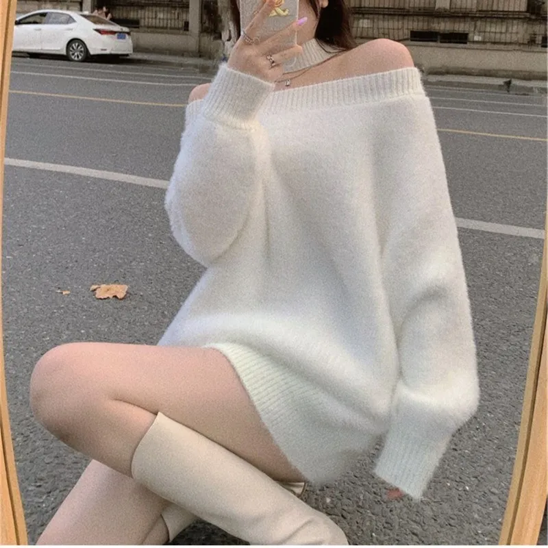 2024Autumn Korean Knitwear Women Sexy Halter Cross Cold Shoulder White Knitted Jumpers Elegant Loose Oversized Sweater Pullovers