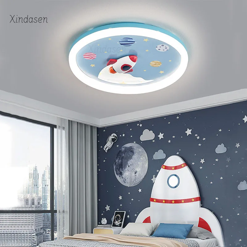 

Modern Rocket Led Ceiling Lights For Kids Room Boys Bedroom Study Baby Blue Lustre Cartoon Chandelier Planet Space Ceiling Lamp