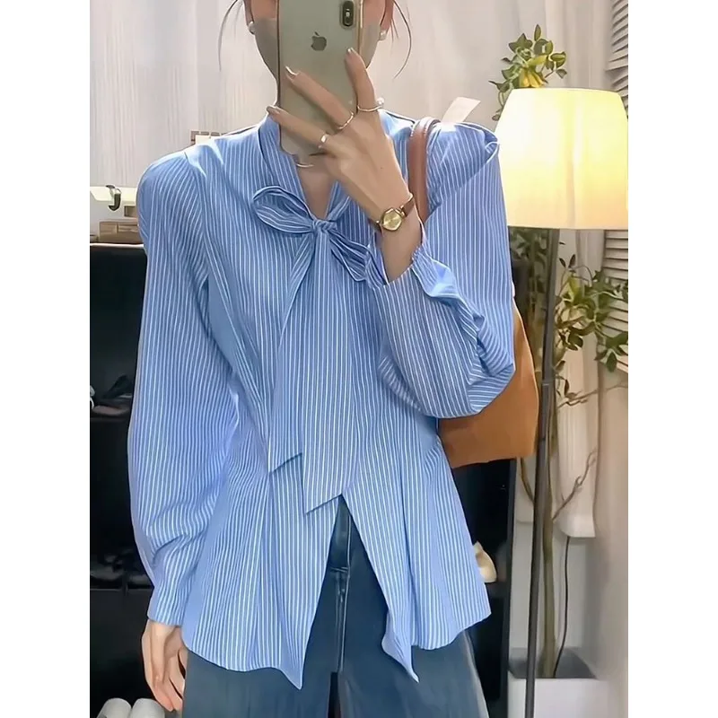 

Designed Bow Striped Shirt for Women 2025 Autumn New Korean Style Fashion Loose and Versatile Top