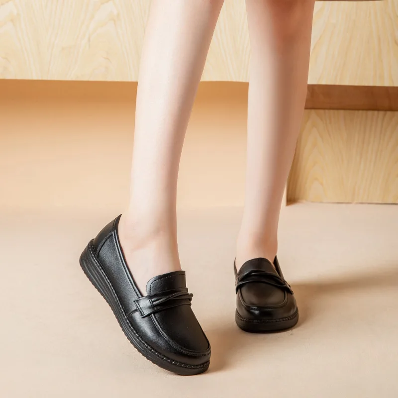 

Black Leather Loafers For Women With Knot Detail Round Toe Non Slip Thick Sole Comfortable Casual Office And Daily Walking Shoes