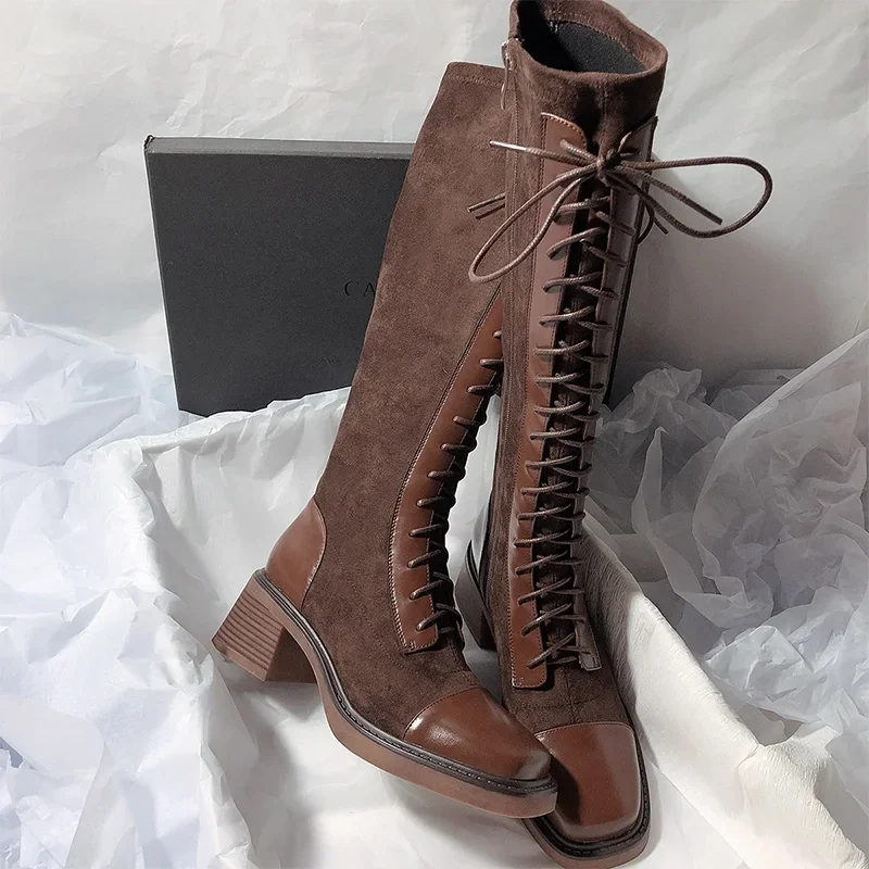 Designer Brand Women's Cross Lace Up Knee High Boots Winter 2026 New Woman Goth Motorcycle Boots Trend Chelsea Mujer Botas - view 3