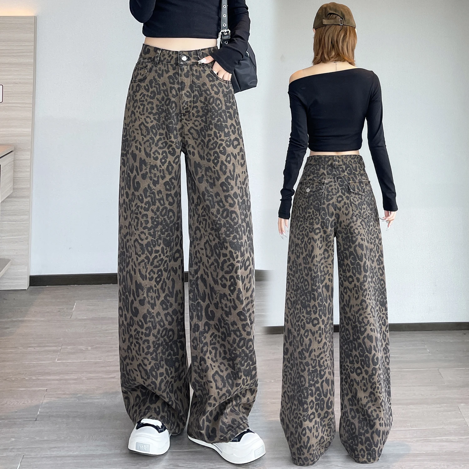 

American vintage leopard print jeans female autumn winter new design sense small straight tube overalls casual pants high waist
