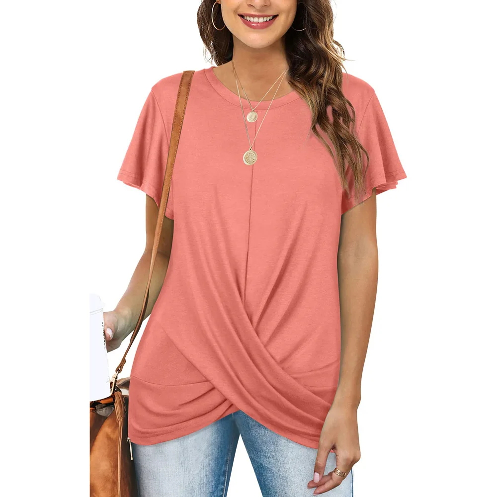 

Summer Women's Short-sleeved T-shirt Pink Fashion Casual Green Pullover Splicing O-Neck Black Tees for Female