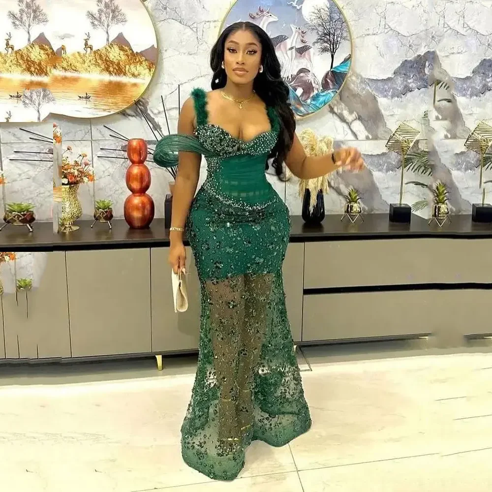 Hunter Green Prom Dress Crystal Mermaid Tulle Prom Gowns Feather Sequin Gorgeous Aso Ebi Evening Dresses Sheer Beads See Through