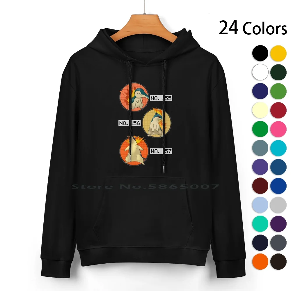 Cyndaquil's Evolution Cotton Hoodie Sweater 24 Colors Cyndaquil Quilava Typhlosion Evolution Graphic Design Pokedex Crystal