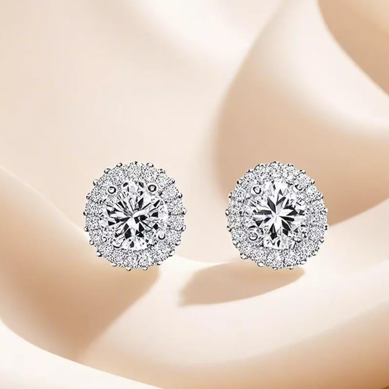 

S925 Silver Platinum-Plated 1CT D Color 4-Prong Sunflower Moissanite Women's Stud Earrings Fine Jewelry