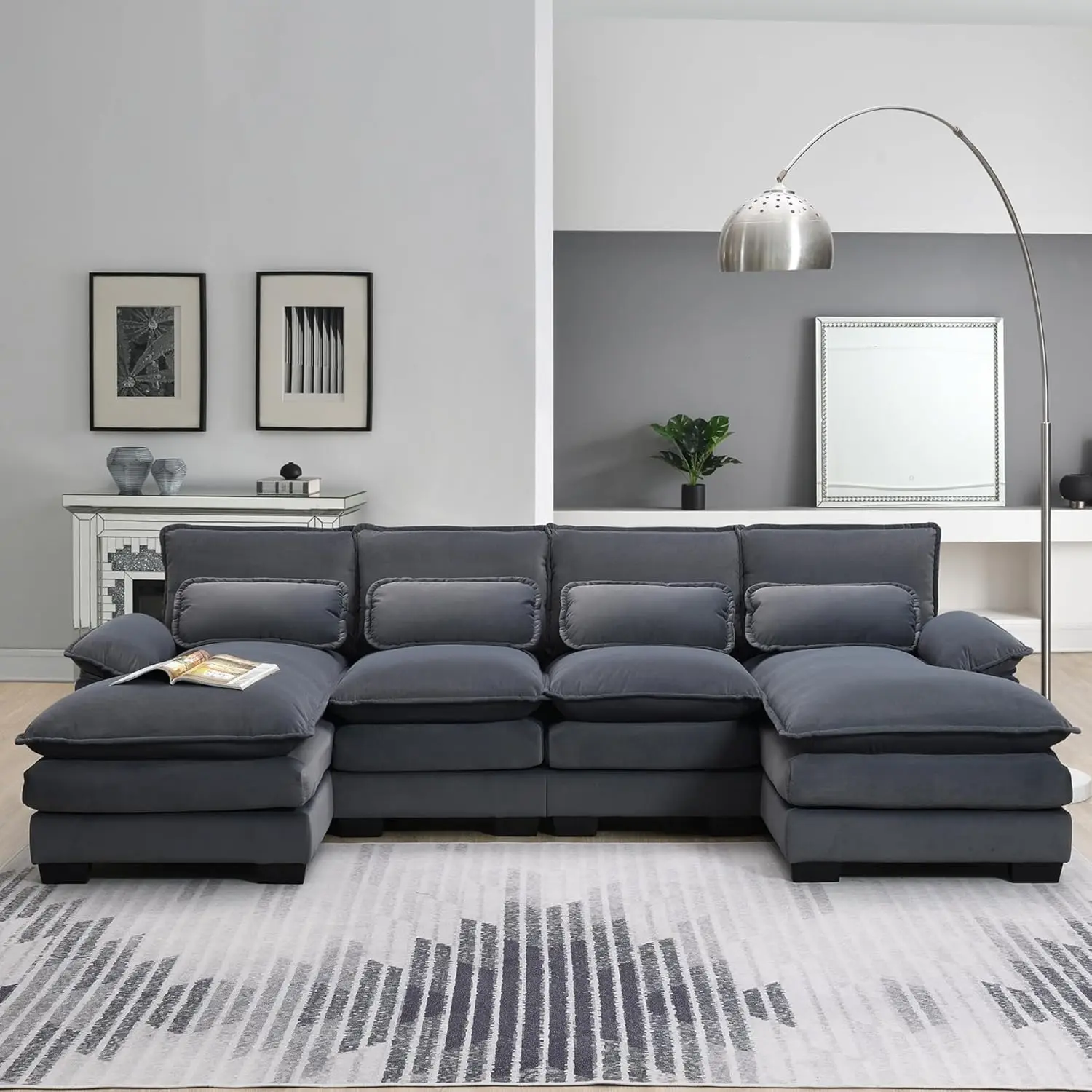 

109.8" U-shaped Sectional Sofa w/ Waist Pillows & Thickened Cushion,6-seat Upholstered \Sleeper Sofa Couch w/ Chaise Lounge,Gray