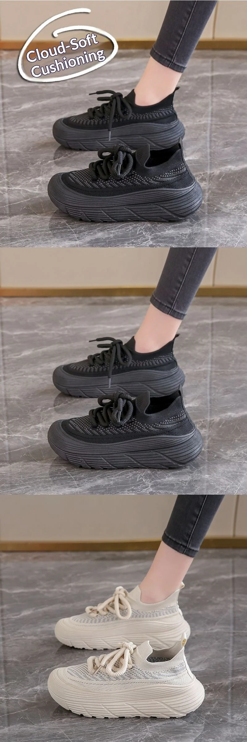 Sommerliche atmungsaktive Mesh-Strick-Socken-Sneaker für Damen mit Wellensohle, dicker Plateauhöhe, leichtgewichtig, lässig, zum Gehen und für den Sport – Detail 7