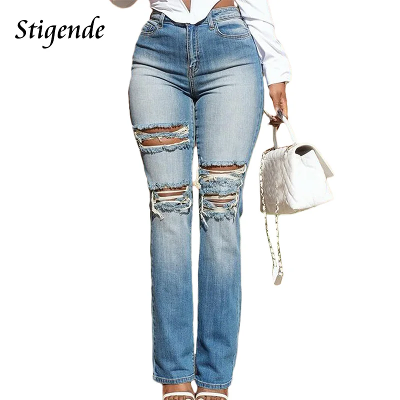 

Stigende Slim Fit Stretch Ripped Jeans Woman Sexy Distressed Denim Pants Hollow Out Hole Shredded Jeans