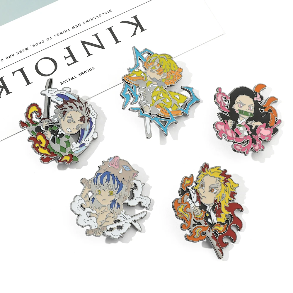 Anime Demon Slayer Agatsuma Zenitsu Hashibira Inosuke Rengoku Kyoujurou Kamado Tanjirou Kamado Nezuko Brooch Metal Enamel Badge