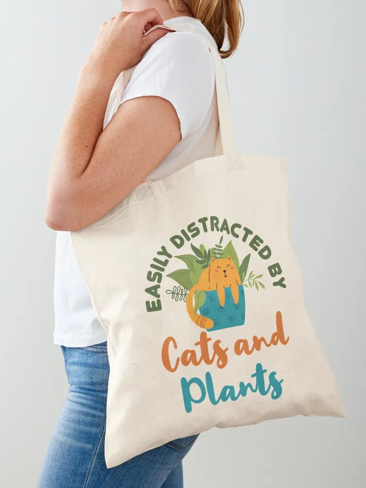 

Easily Distracted by Cats and Plants Tote Bag cute pouch bag tote bag canvas Custom Women's shopping