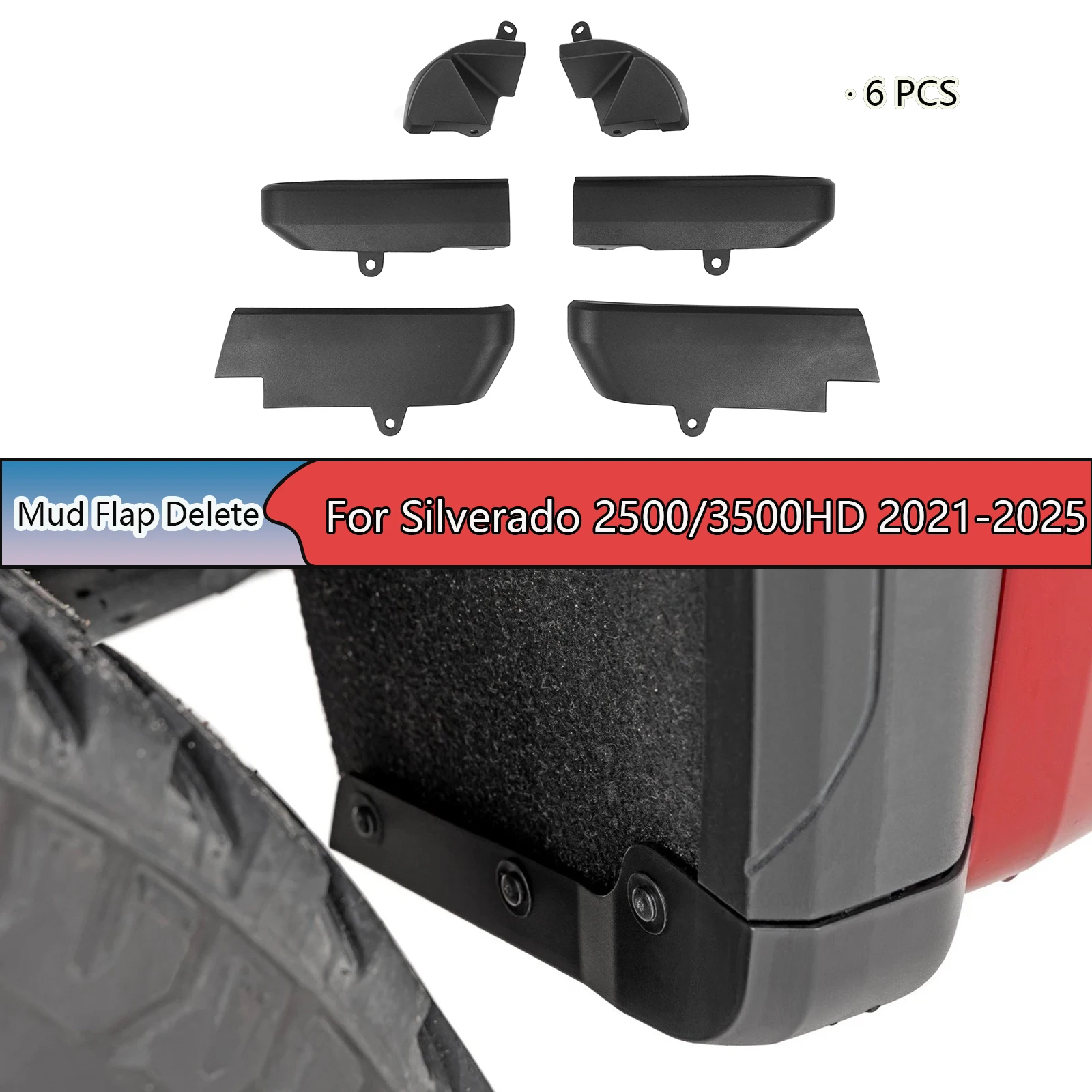 

For Silverado 2500/3500HD 2021-2025 Front Rear Mud Flap Delete Replacement Mudguards 6PCS Car Accessories ABS Plastic