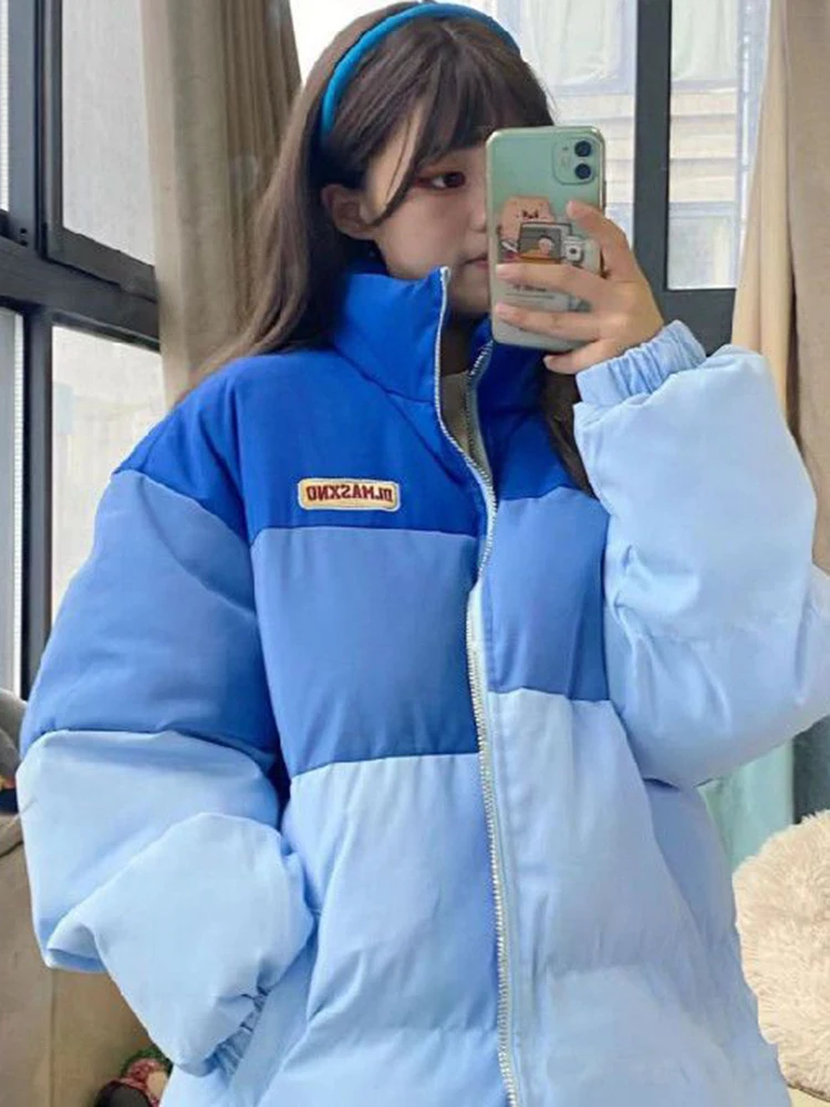 

Осенне-зимняя куртка-пальто из хлопка для женщин, свободного кроя, с воротником-стойкой, в корейском стиле, однотонная, на молнии, для повседневной носки