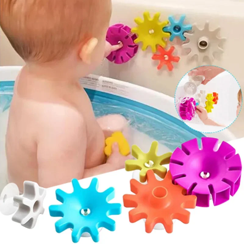 5PCS Montessori Baby Bath Toys Suction Cup Gear Rotation Toys Colorful Spinning Waterwheel Kids Bathtub Water Play Toy 0-3 Year