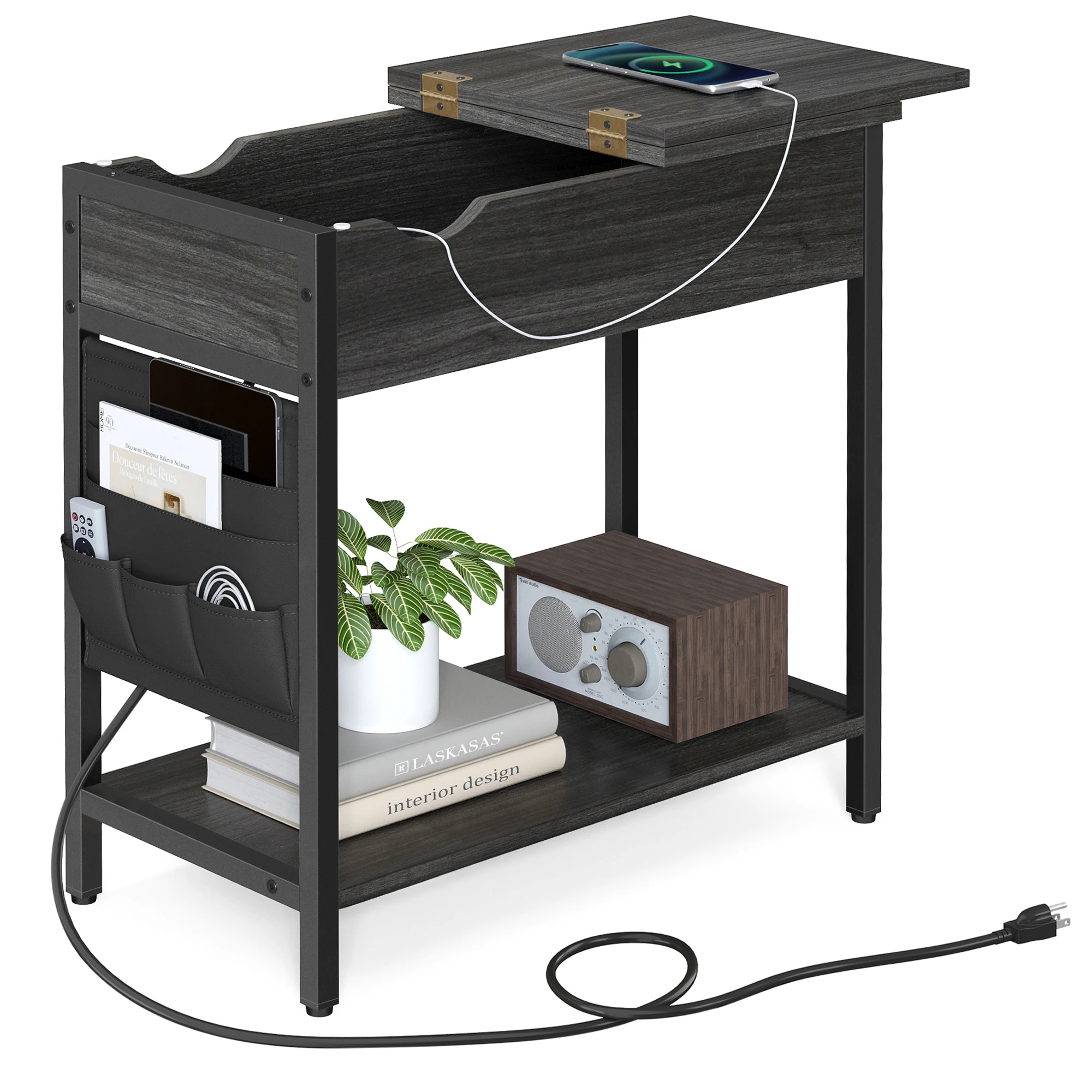 VASAGLE Side Table with Storage, End Table with USB Ports and Outlets, Nightstand with Charging Station, Fabric Bags