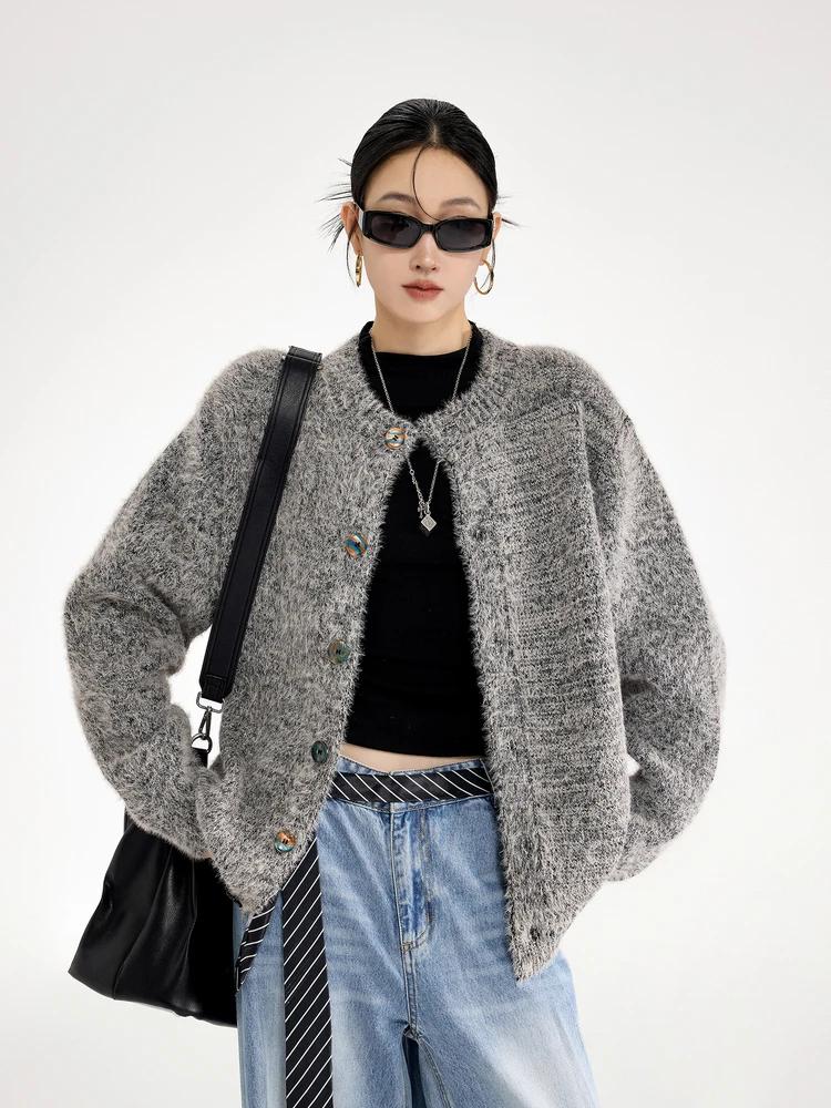 

Американский ретро-кардиган из норковой пряжи для женщин, вязаный свитер-жакет, весенний, повседневный, свободного кроя, с длинными рукавами, круглым вырезом