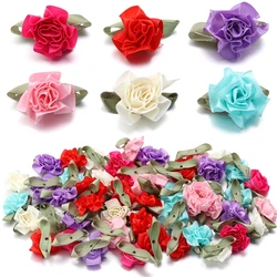 20Pcs/Lot 3x4cm Polyester Fabric Flowers Artificial Flower Carnation With Leaf For DIY Crafts Clothing Accessories Wedding Decor