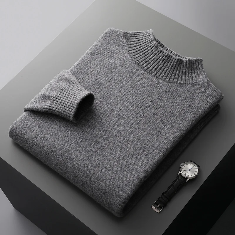 Autumn Winter New 100%Pure Wool Knit Sweater Men\'s Turtleneck Loose Pullover Long Sleeve Casual Tops Warm Bottoming Shirt