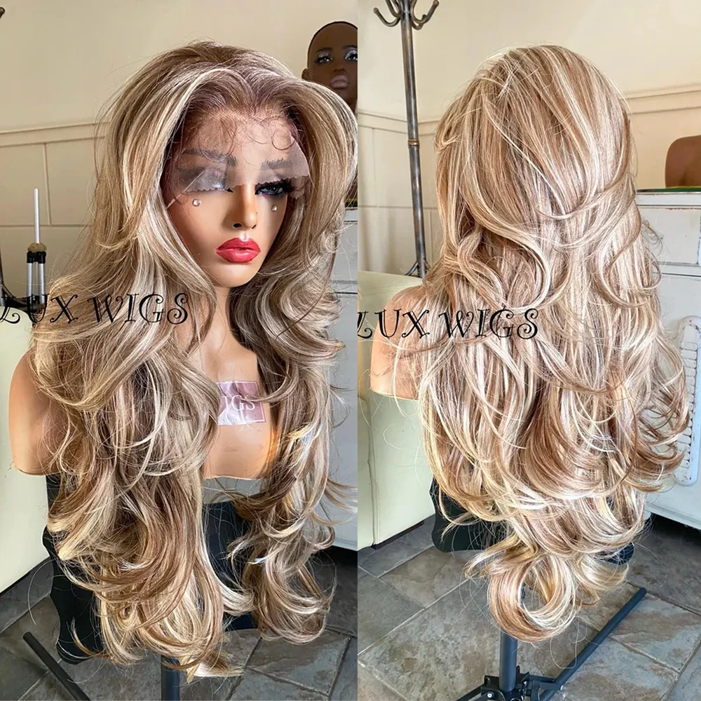 

Long Blonde Balayage Wig Highest Quality Synthetic 13x4 Lace Front Wig 28inches Light Dark Medium Blonde Brown Highlihgts Wig