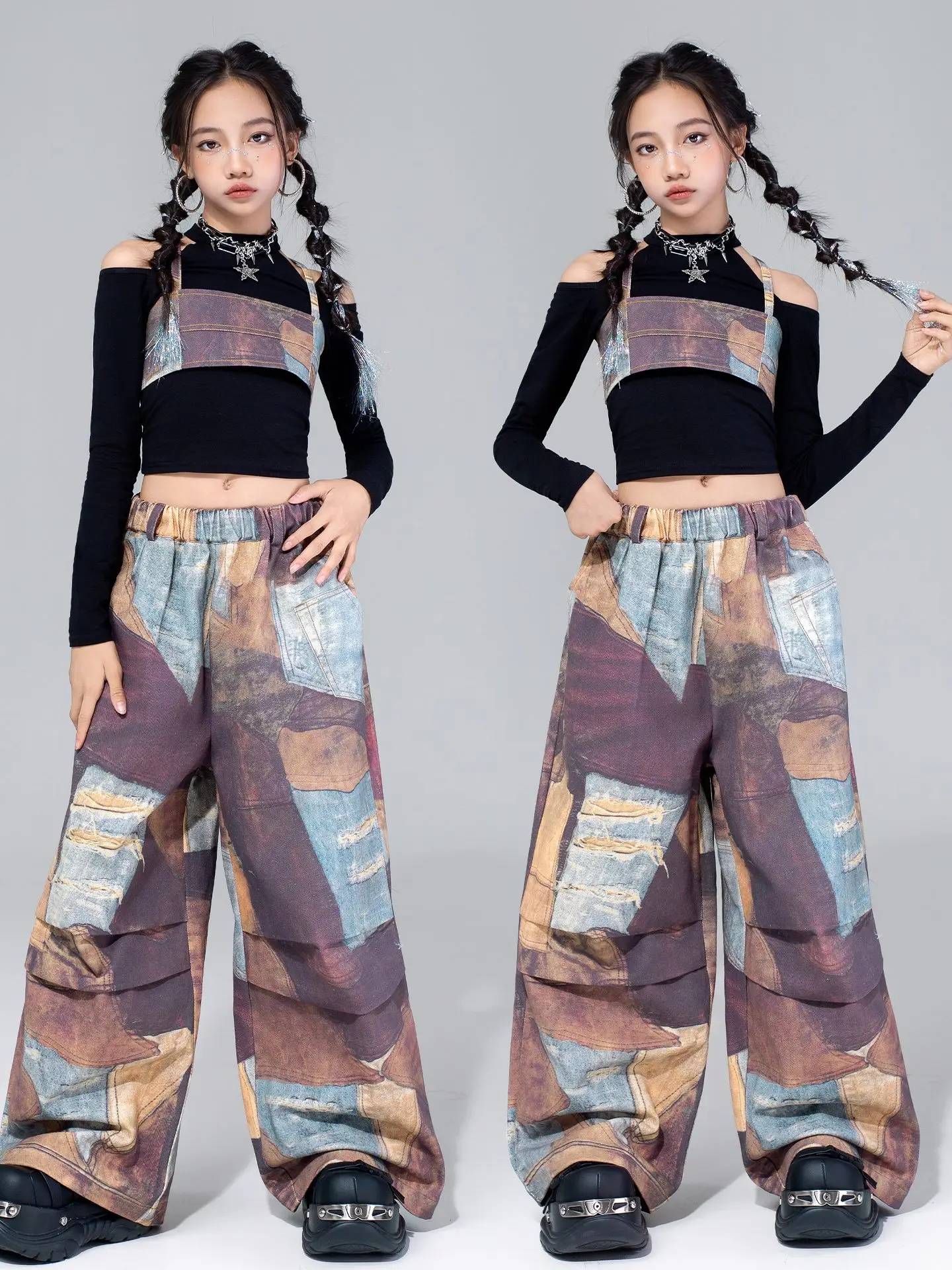 Mädchen Hip Hop Jazz Dance Kleidung Kpop Lange Ärmel Crop Tops Baggy Mode Hosen Kinder Straße Tragen Modern Dance Tragen BL17713