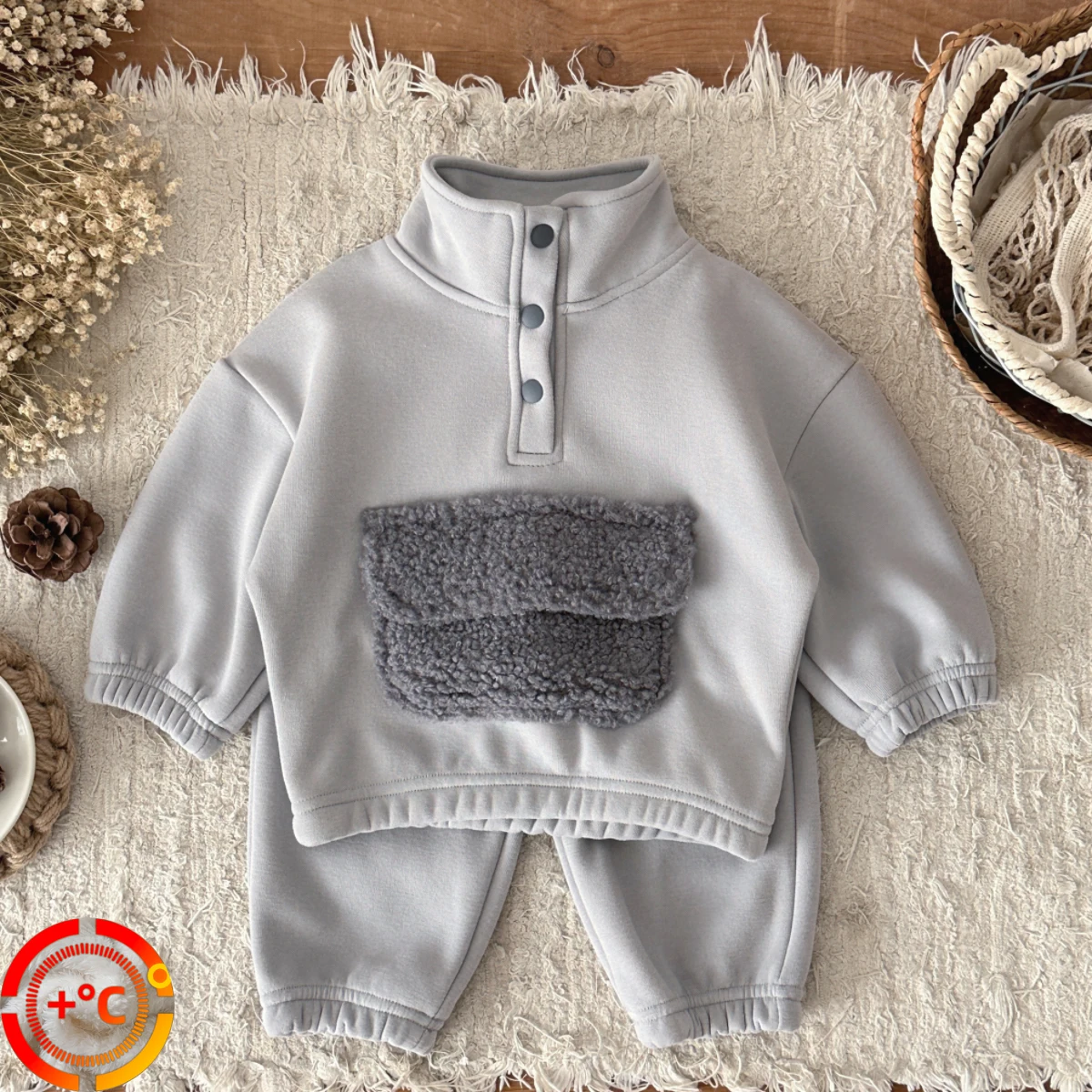 

Новая Зимняя Мода Дети Одежда Набор Малыш Мальчик Плюшевые Карманные Кнопки Повседневные Топы + Брюки 2шт Костюм