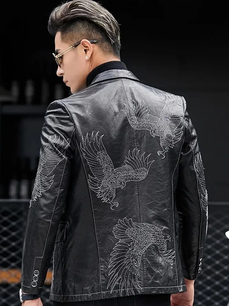 Men Business Fashion Eagle Embroidery Blazer Slim Fit Work Suit Coat Spring Autumn Natural Cowhide Genuine Leather Jacket