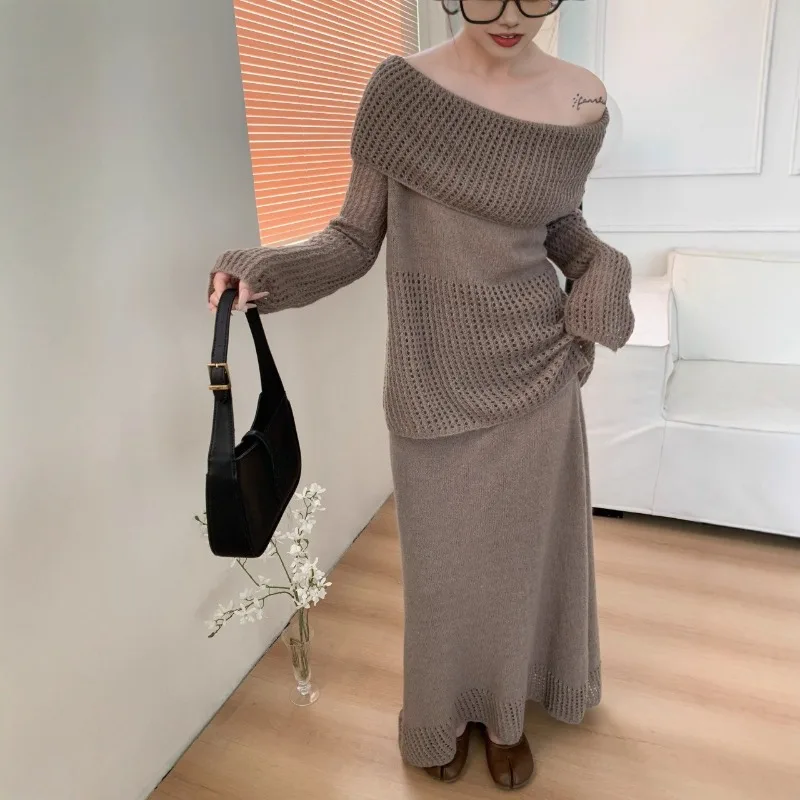 

Casual Loose Hollow-out Sexy Slash Neck Long-sleeve Knit Pullover Sweater+Elastic Waist Maxi Skirts 2-piece Set Autumn Women's