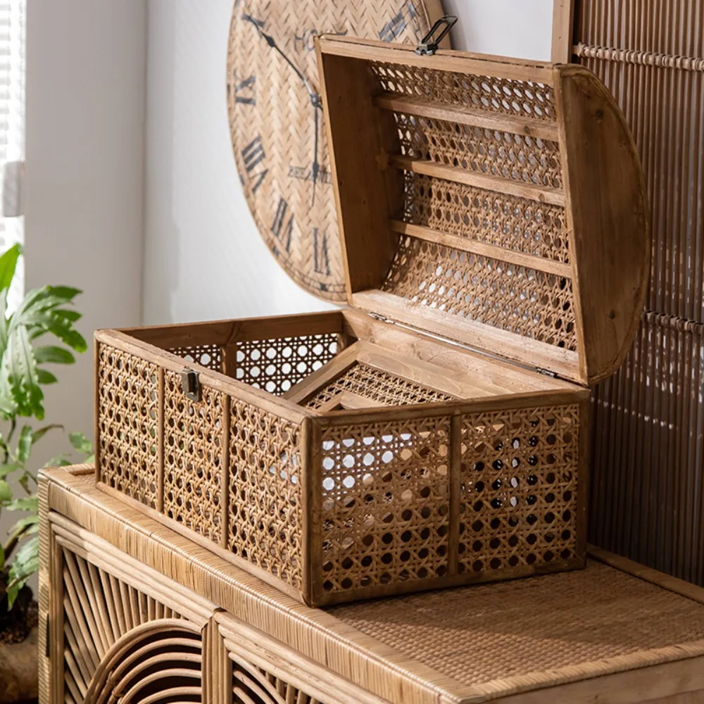 Chinese Style Old Rattan Wind Desktop Storage Basket Cosmetic Box Plastic Snack Sundries Organizer with Handle for Home Decor