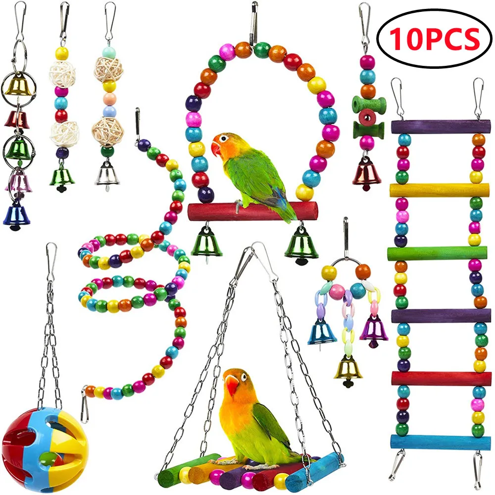 Combination Bird Toys Set Swing Chewing gnaw Small Parrot Hanging Hammock Parrot Cage Bell Perch Toys with Ladder Toys 10pcs