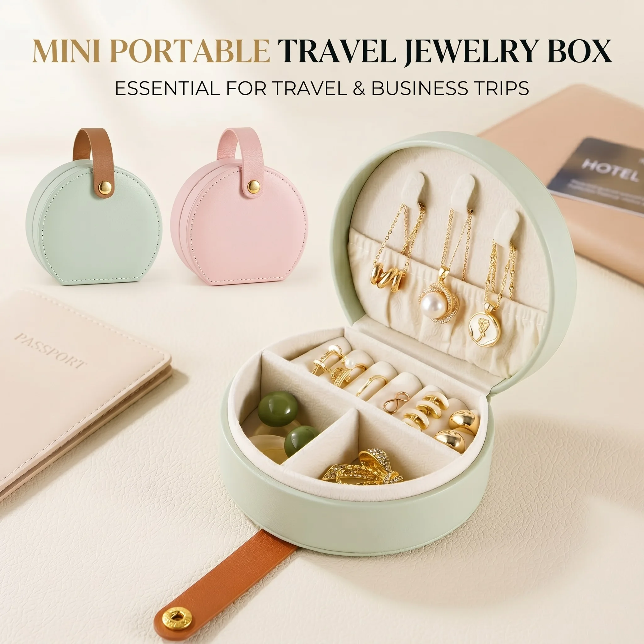 

Mini Portable Jewelry Travel Case Small Half Moon Leather with Handle Jewelry Storage Box Suitable For Rings Earrings Necklaces