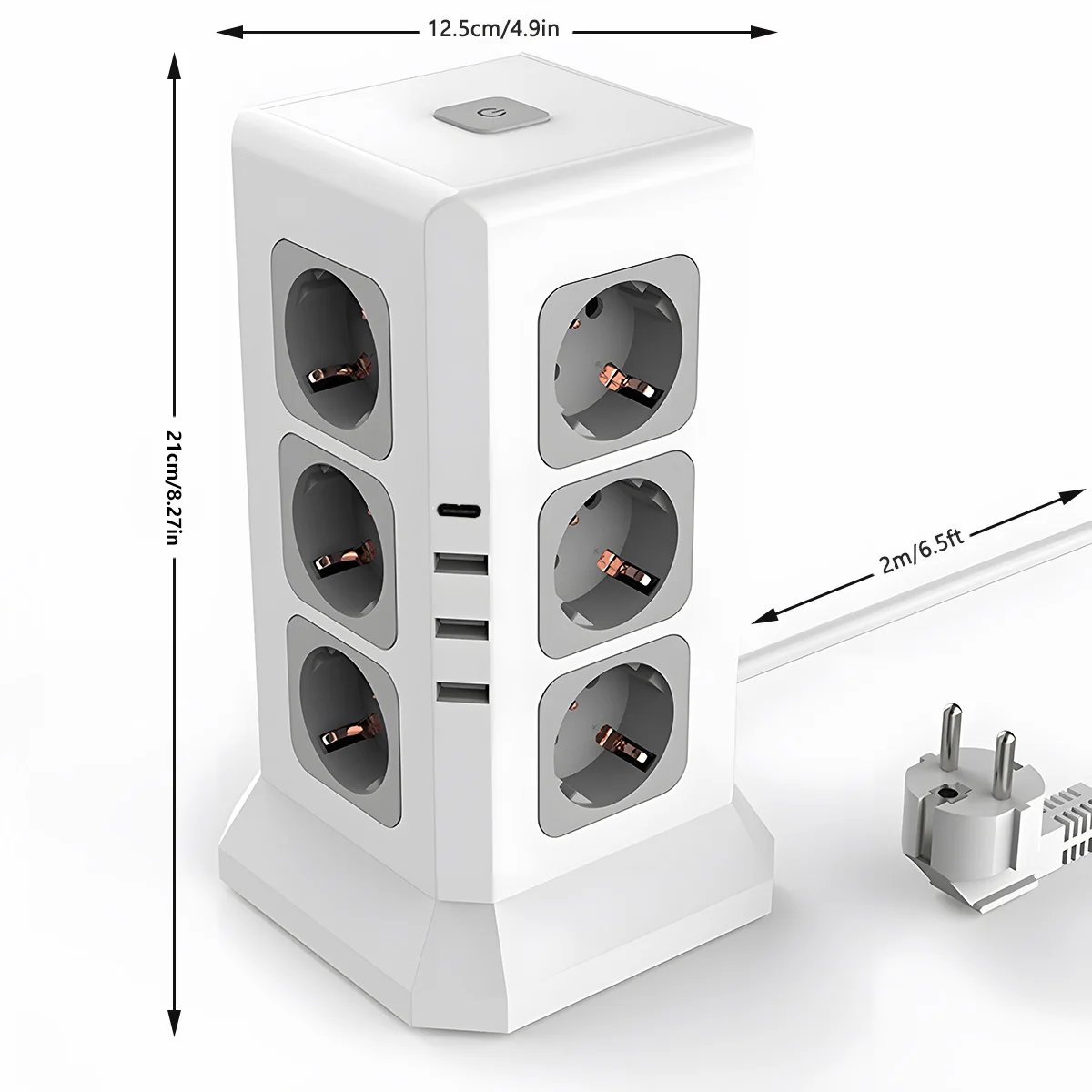 12 Way Outlets Vertical Power Socket EU Plug with 6.56 FT Extension Cord and 4 USB Charging Ports(1 USB C) Power Strip Tower